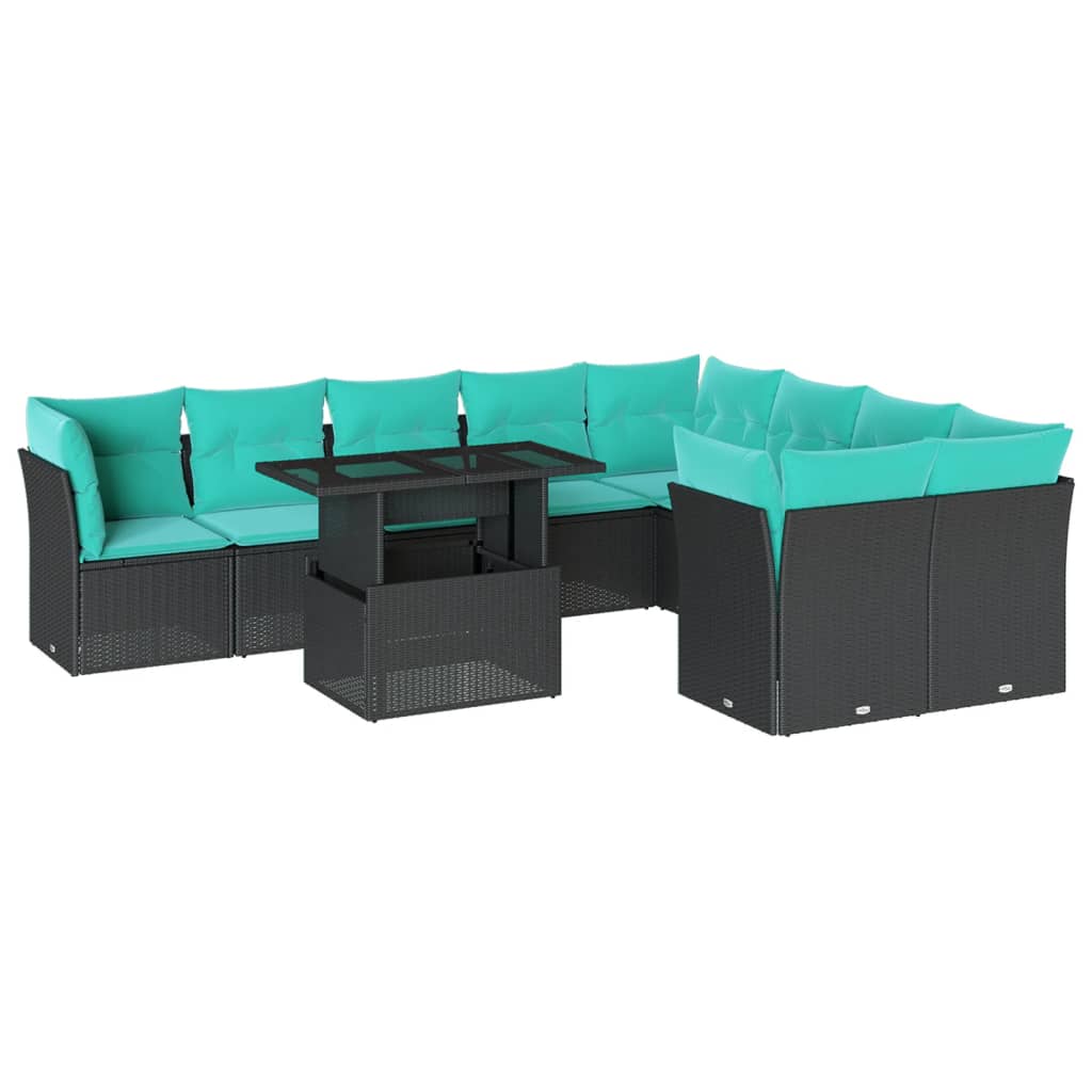 10 Piece Garden Sofa Set with Cushions Black Poly Rattan