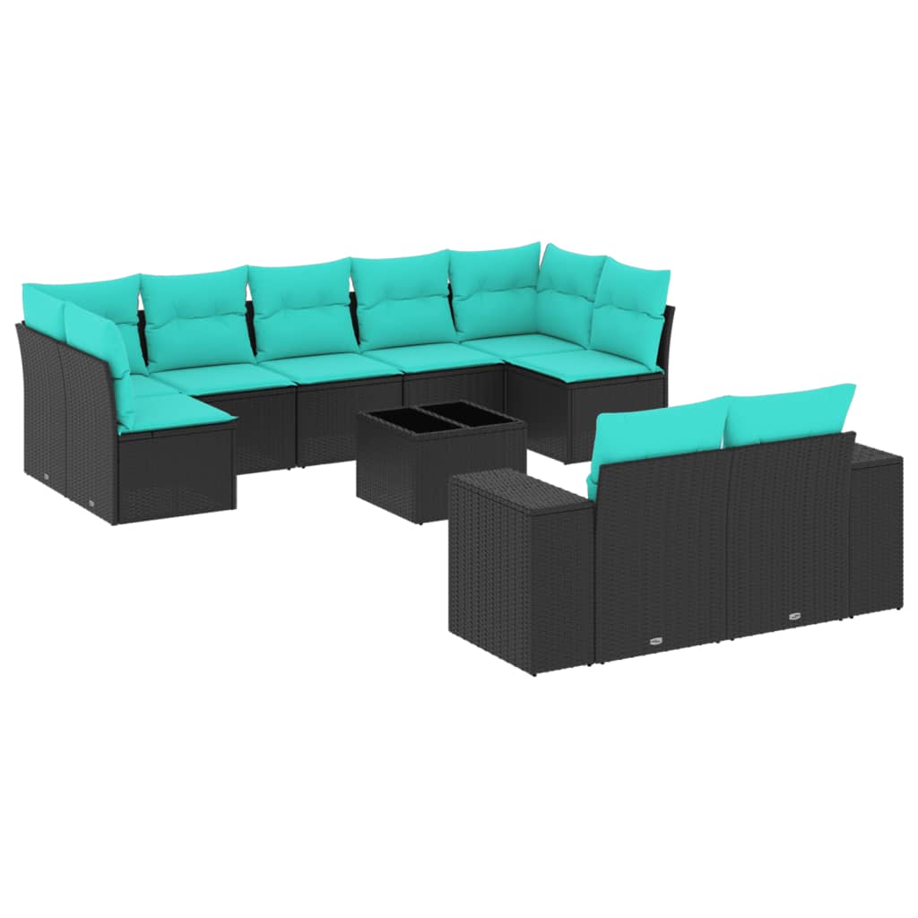 10 Piece Garden Sofa Set with Cushions Black Poly Rattan