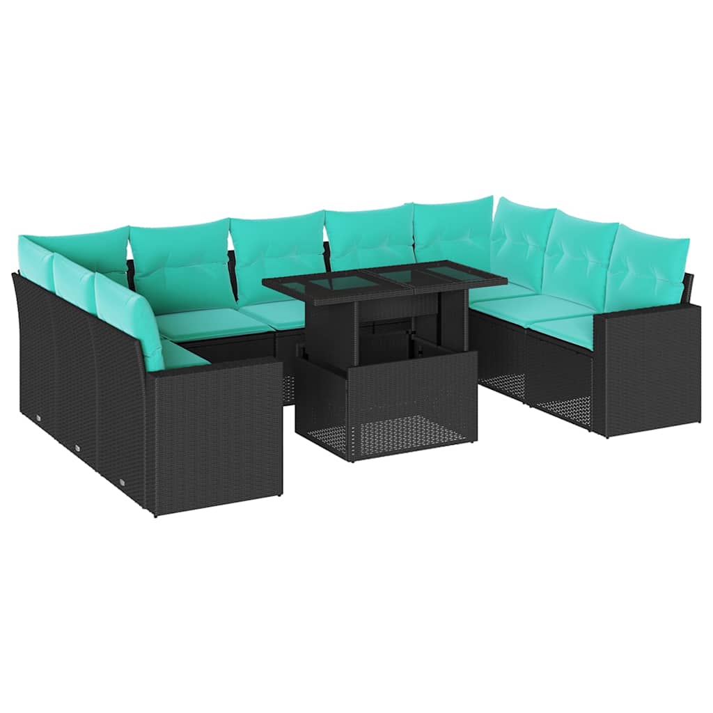 10 Piece Garden Sofa Set with Cushions Black Poly Rattan