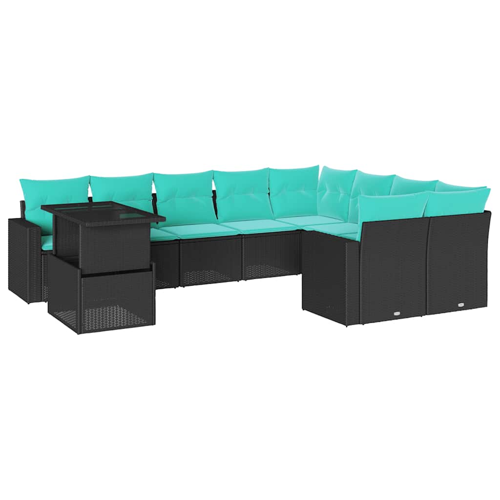 10 Piece Garden Sofa Set with Cushions Black Poly Rattan