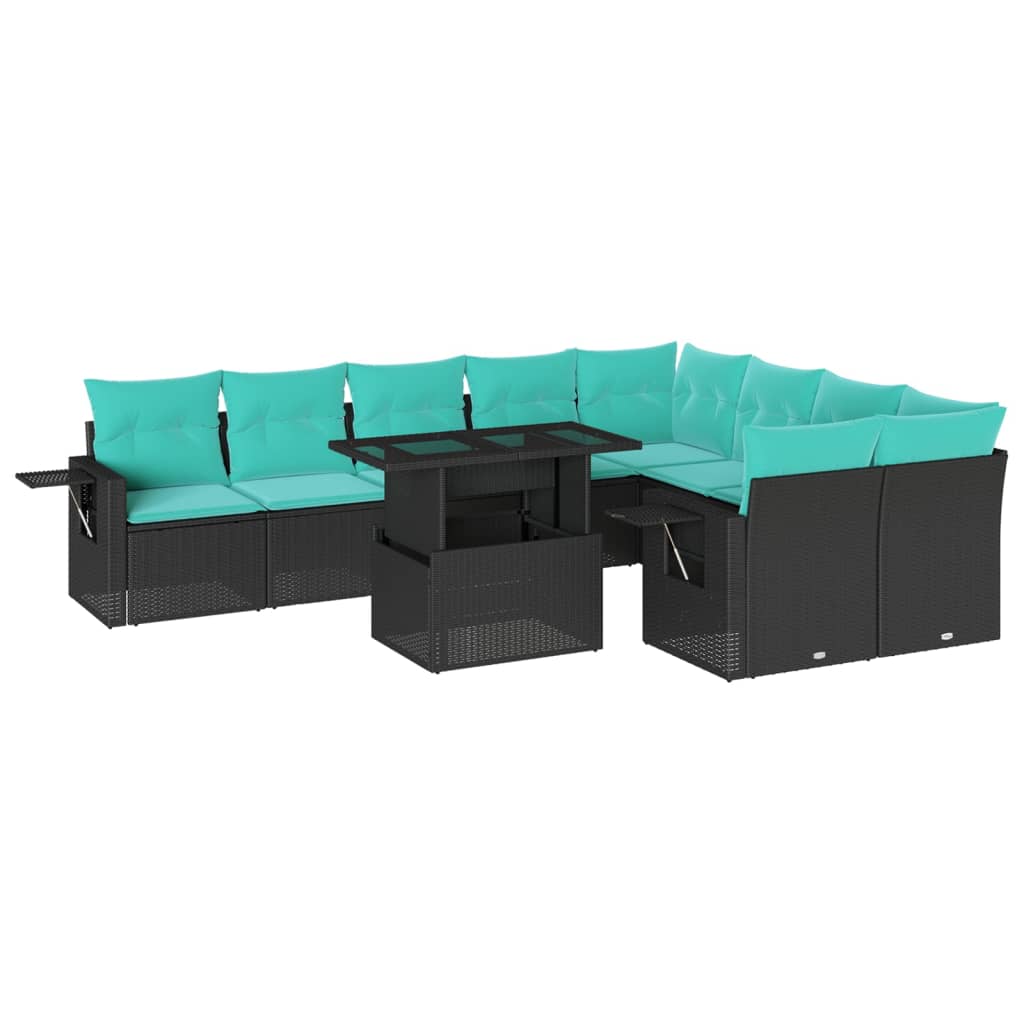 10 Piece Garden Sofa Set with Cushions Black Poly Rattan