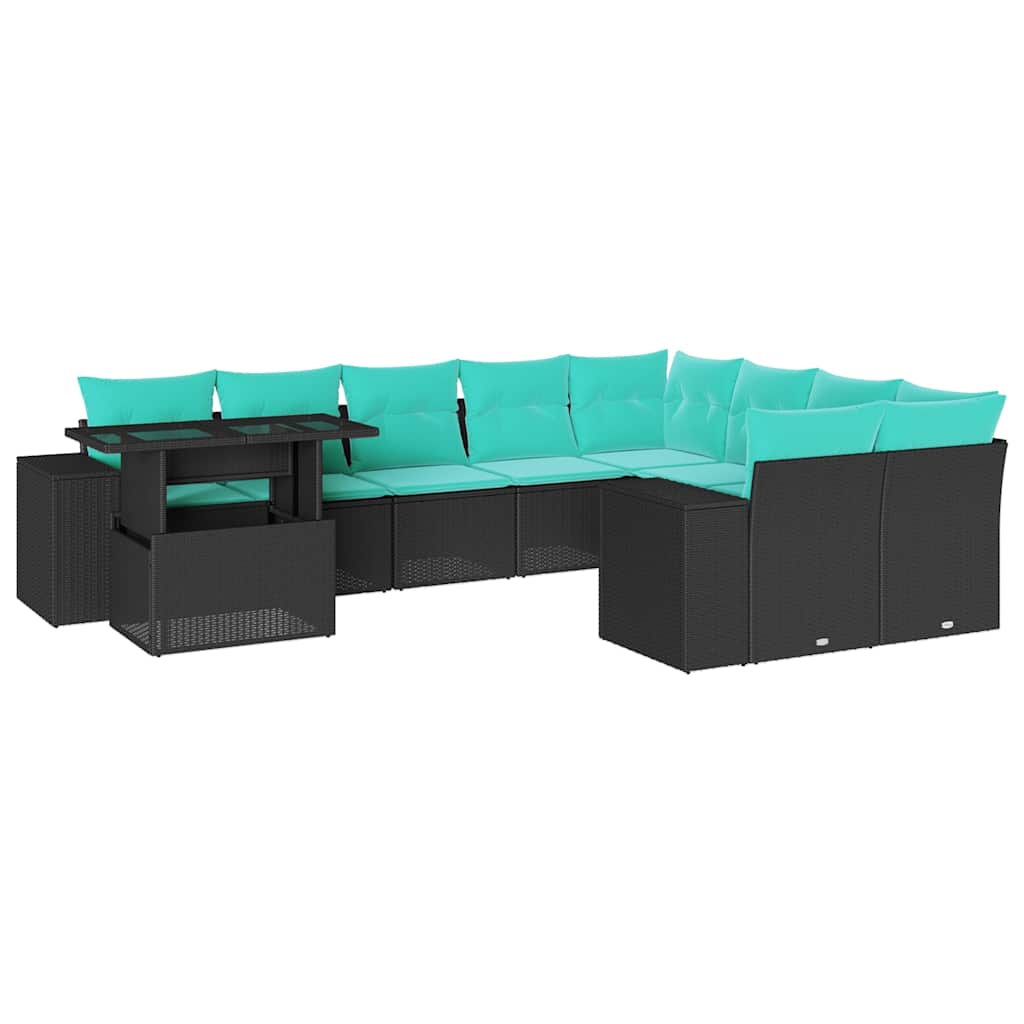 10 Piece Garden Sofa Set with Cushions Black Poly Rattan