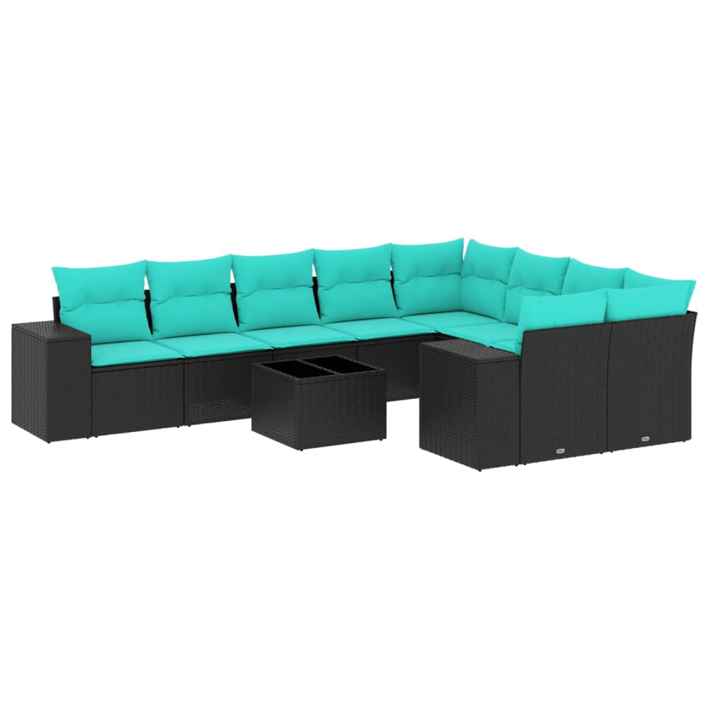 10 Piece Garden Sofa Set with Cushions Black Poly Rattan