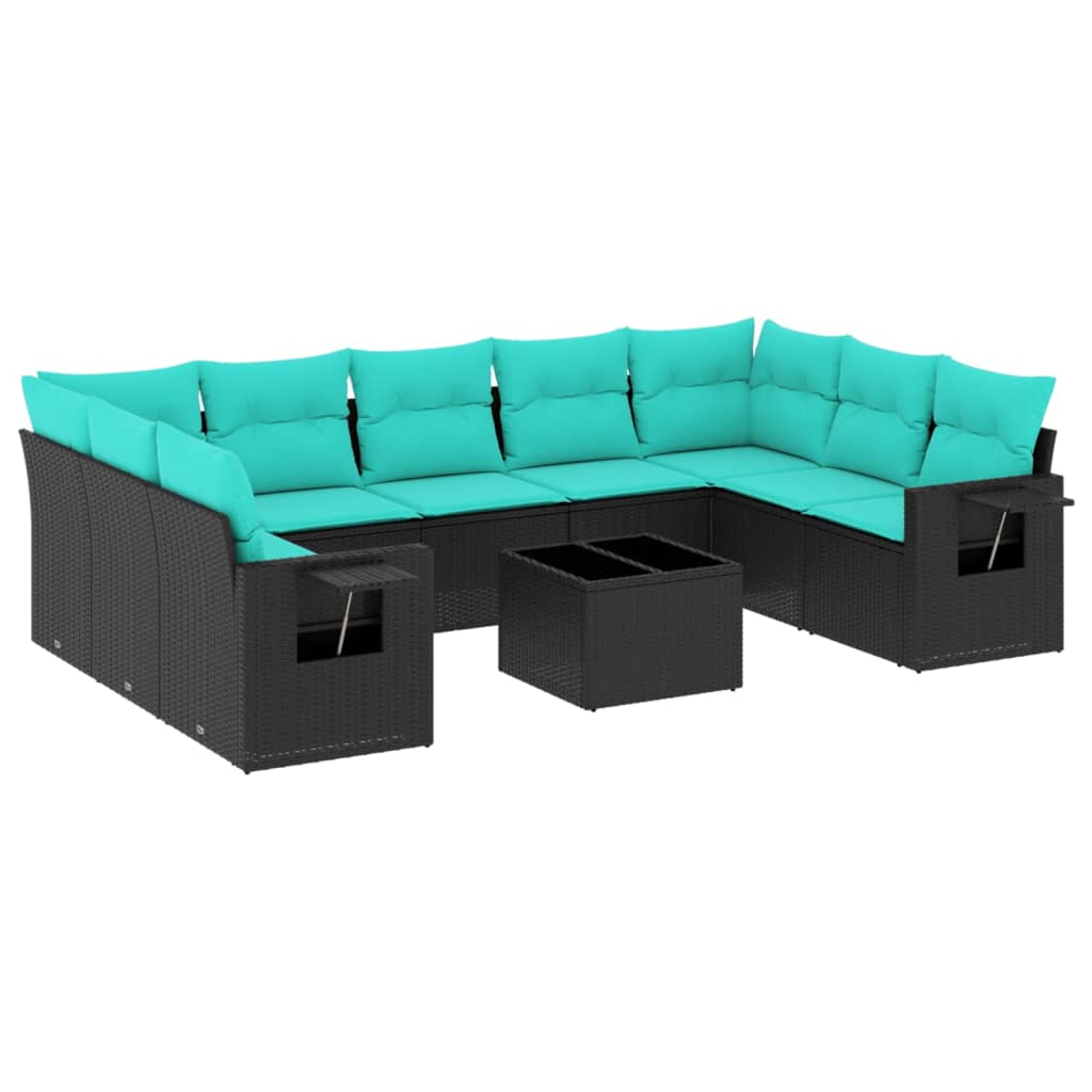10 Piece Garden Sofa Set with Cushions Black Poly Rattan