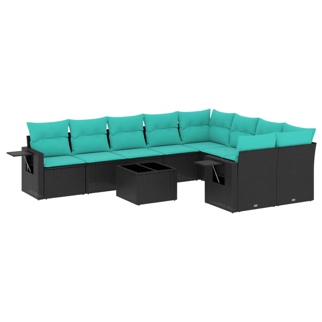 10 Piece Garden Sofa Set with Cushions Black Poly Rattan