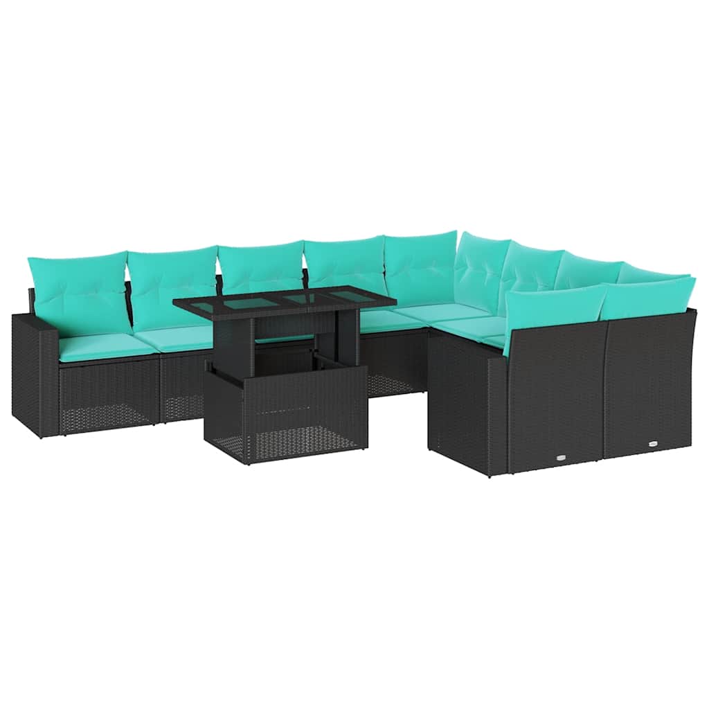 10 Piece Garden Sofa Set with Cushions Black Poly Rattan