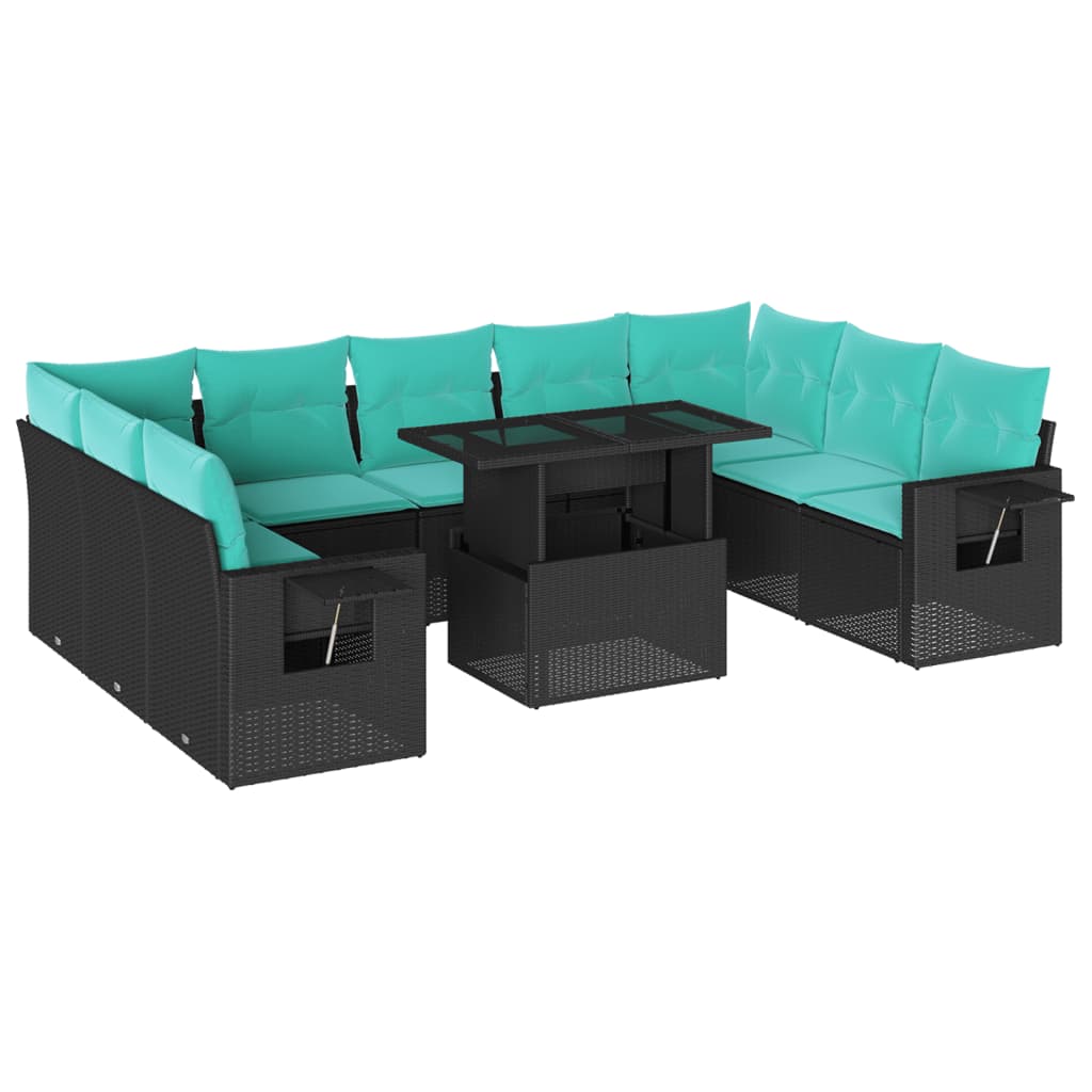 10 Piece Garden Sofa Set with Cushions Black Poly Rattan