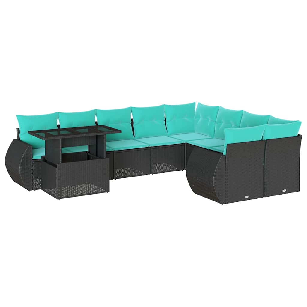10 Piece Garden Sofa Set with Cushions Black Poly Rattan