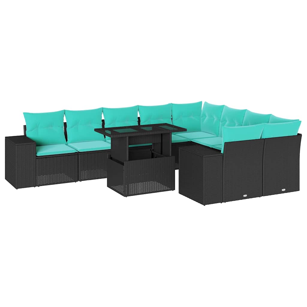 10 Piece Garden Sofa Set with Cushions Black Poly Rattan