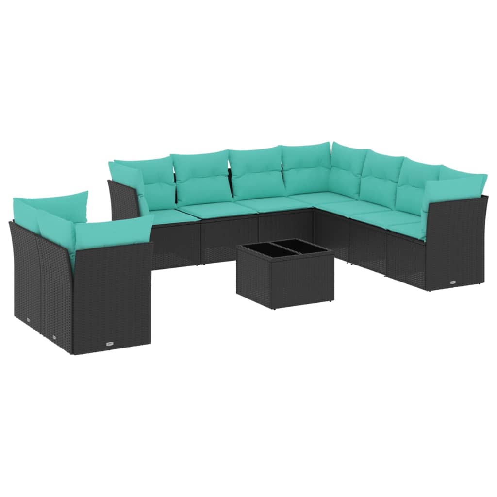 10 Piece Garden Sofa Set with Cushions Black Poly Rattan
