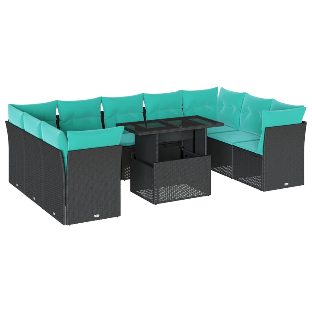 10 Piece Garden Sofa Set with Cushions Black Poly Rattan