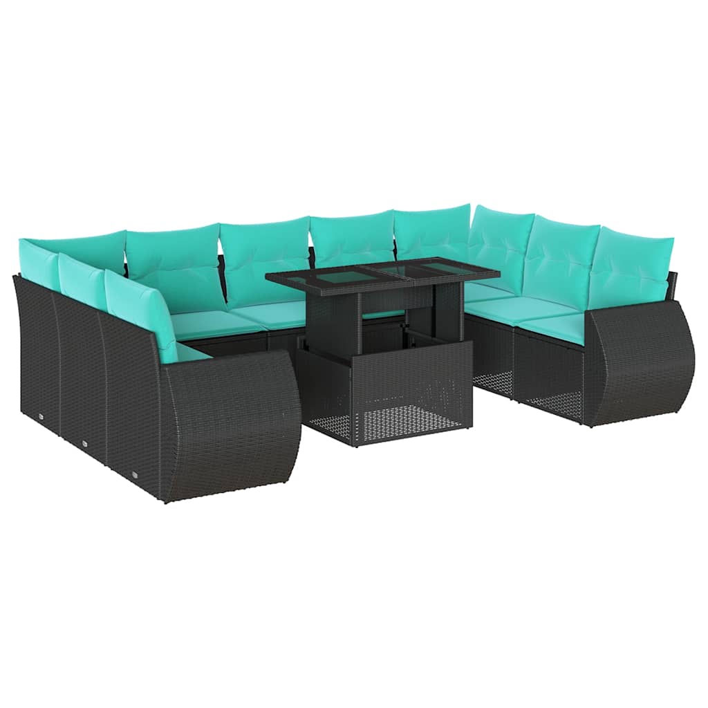 10 Piece Garden Sofa Set with Cushions Black Poly Rattan