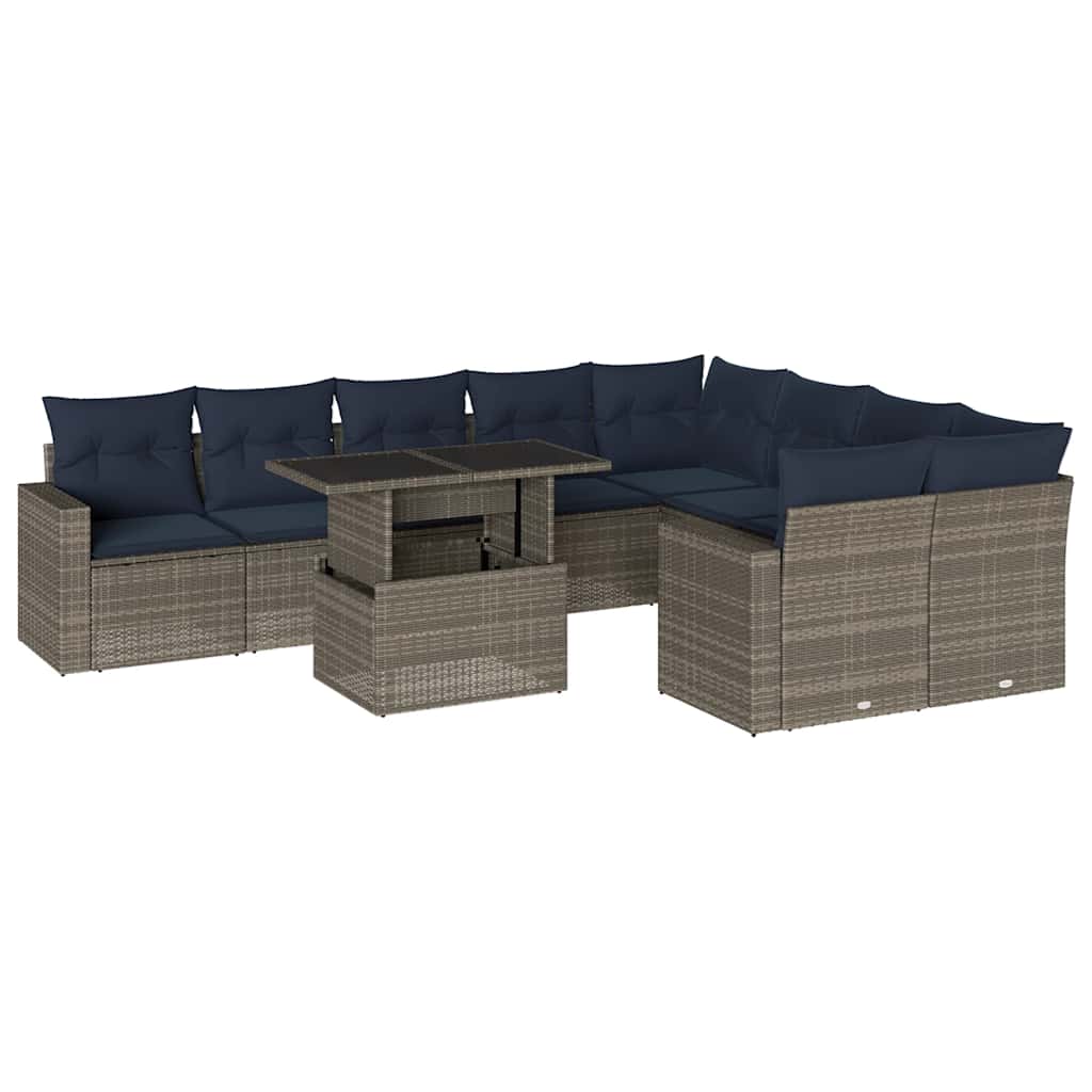 10 Piece Garden Sofa Set with Cushions Grey Poly Rattan