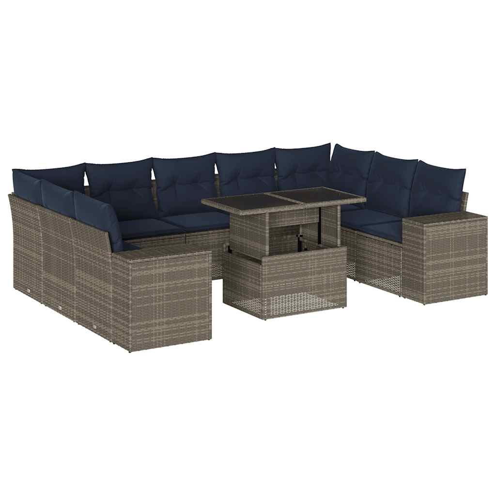 10 Piece Garden Sofa Set with Cushions Grey Poly Rattan
