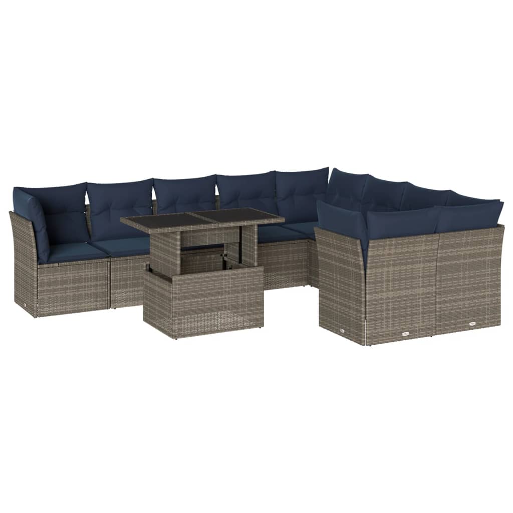 10 Piece Garden Sofa Set with Cushions Grey Poly Rattan