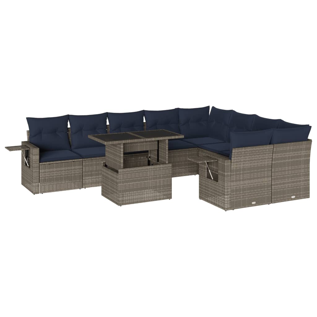 10 Piece Garden Sofa Set with Cushions Grey Poly Rattan