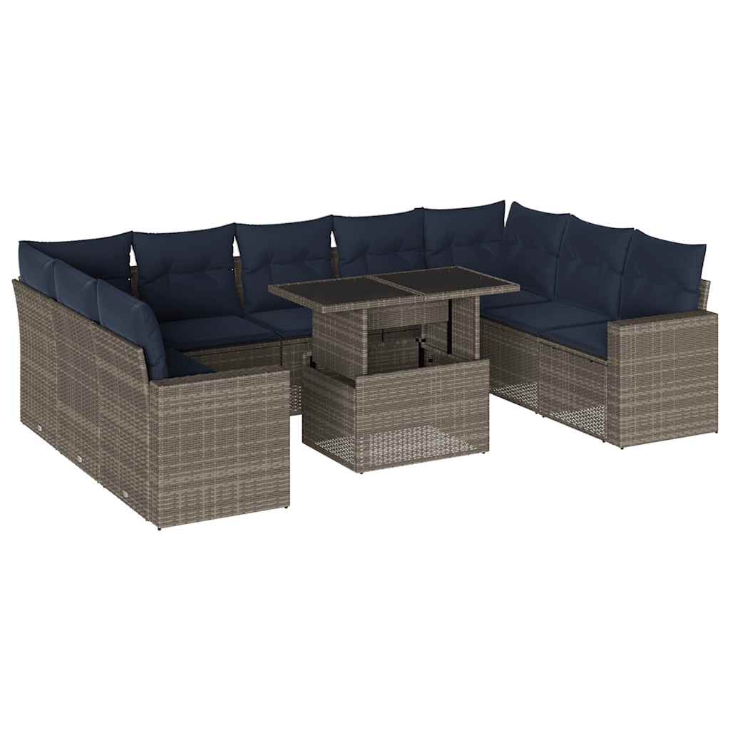 10 Piece Garden Sofa Set with Cushions Grey Poly Rattan