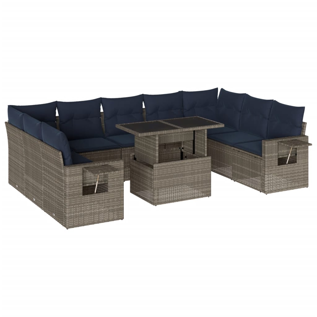 10 Piece Garden Sofa Set with Cushions Grey Poly Rattan