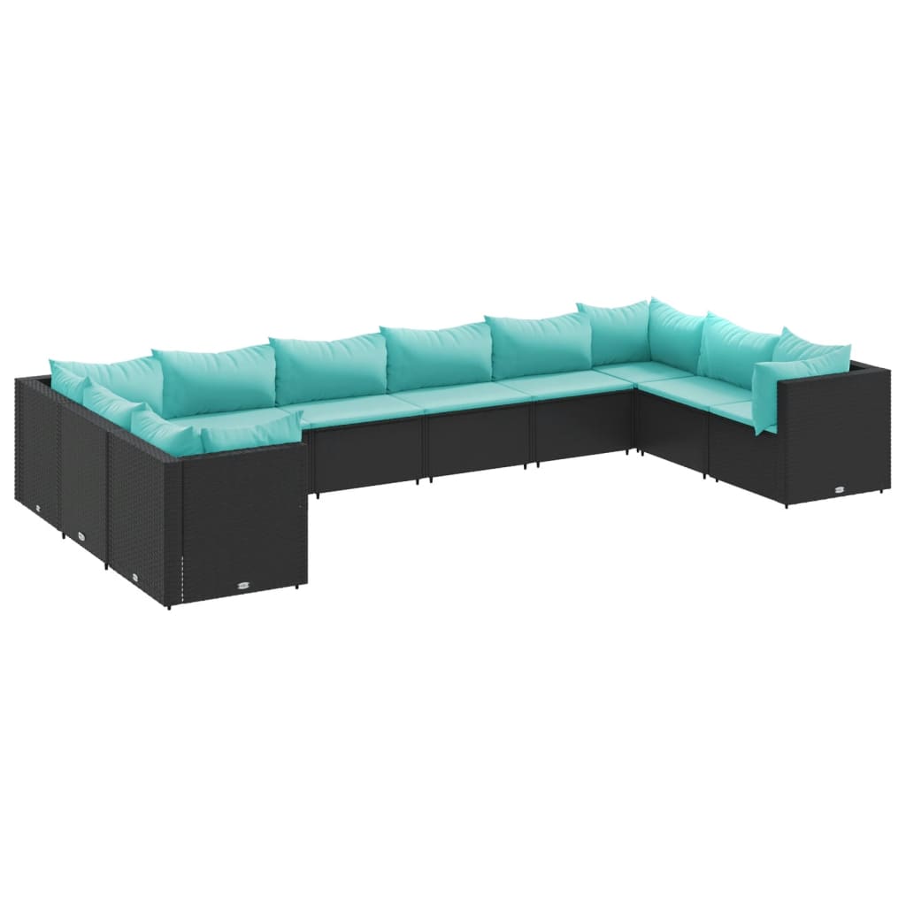 10 Piece Patio Lounge Set with Cushions Black Poly Rattan