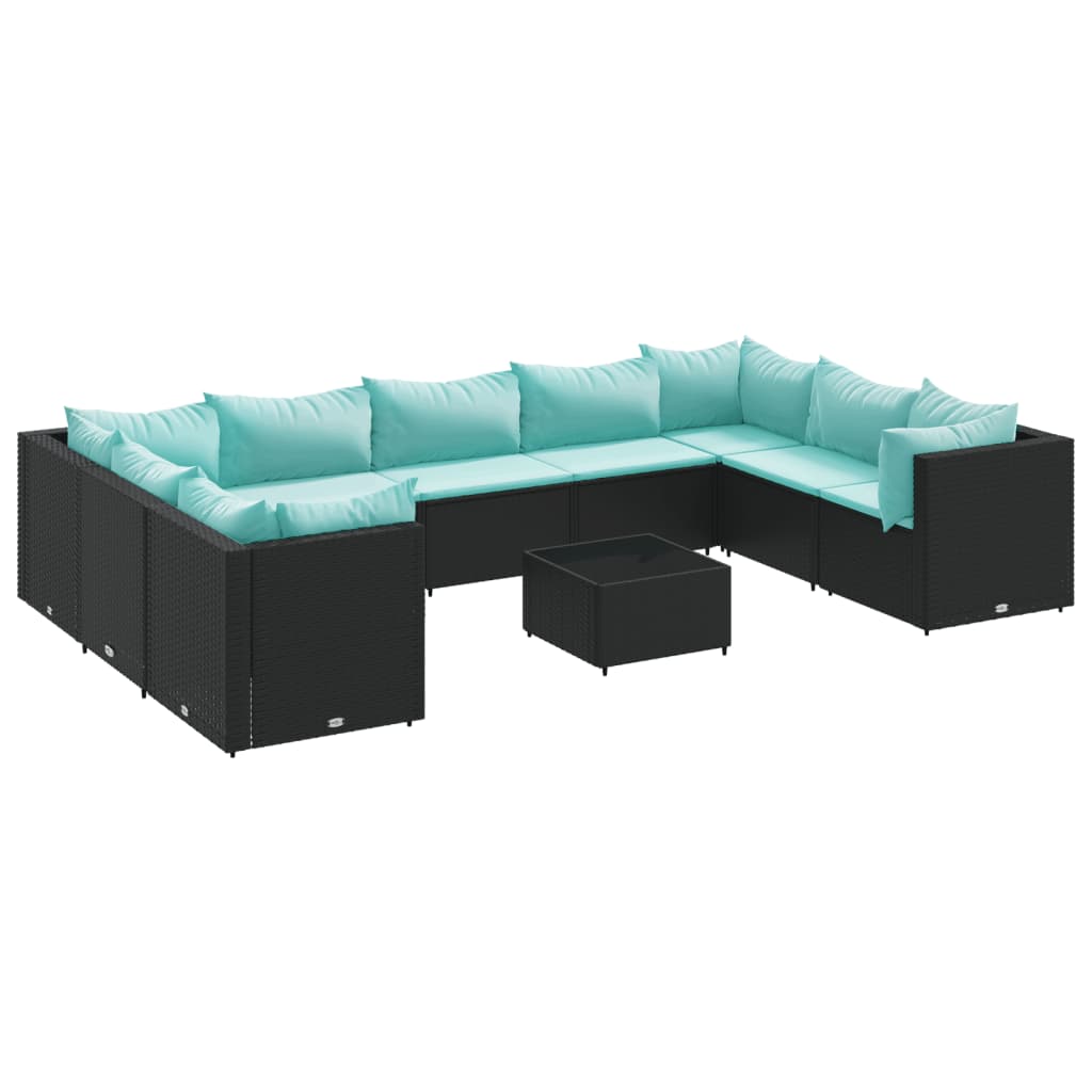 10 Piece Patio Lounge Set with Cushions Black Poly Rattan