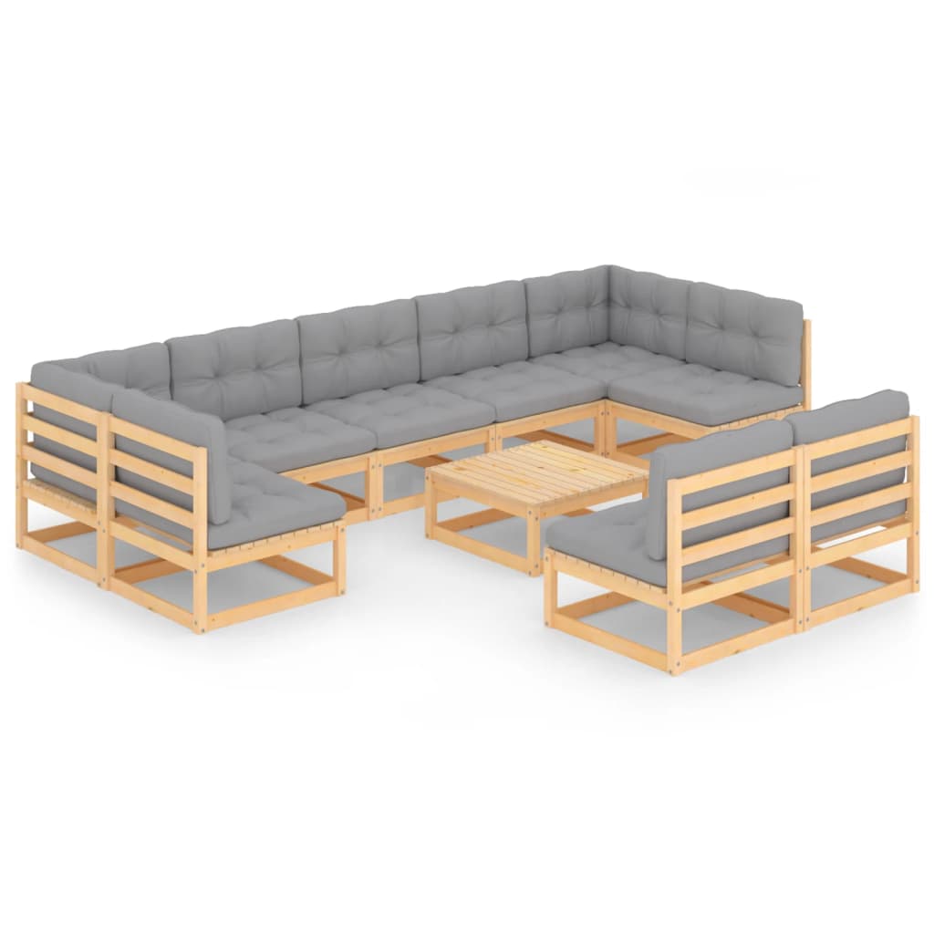 10 Piece Patio Lounge Set with Cushions Solid Wood Pine