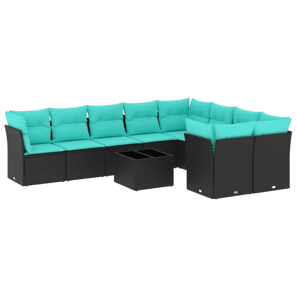 10 Piece Patio Sofa Set with Cushions Black Poly Rattan
