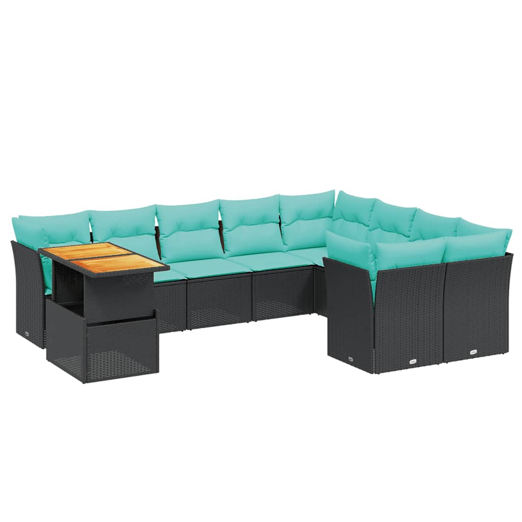 10 Piece Patio Sofa Set with Cushions Black Poly Rattan