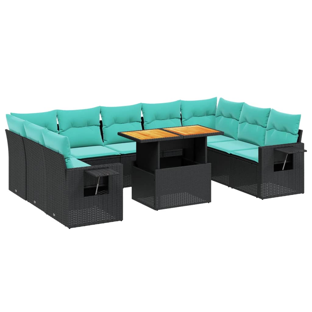 10 Piece Patio Sofa Set with Cushions Black Poly Rattan