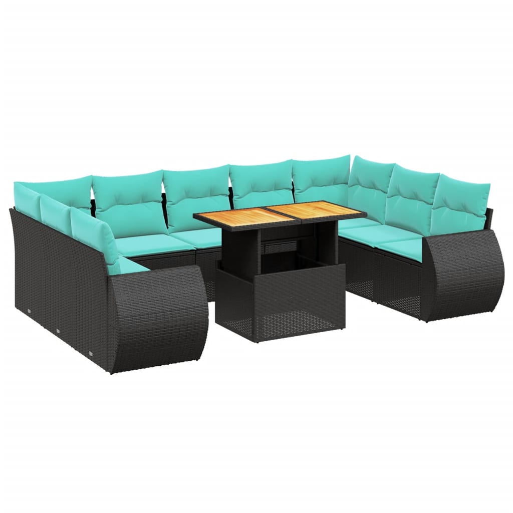 10 Piece Patio Sofa Set with Cushions Black Poly Rattan