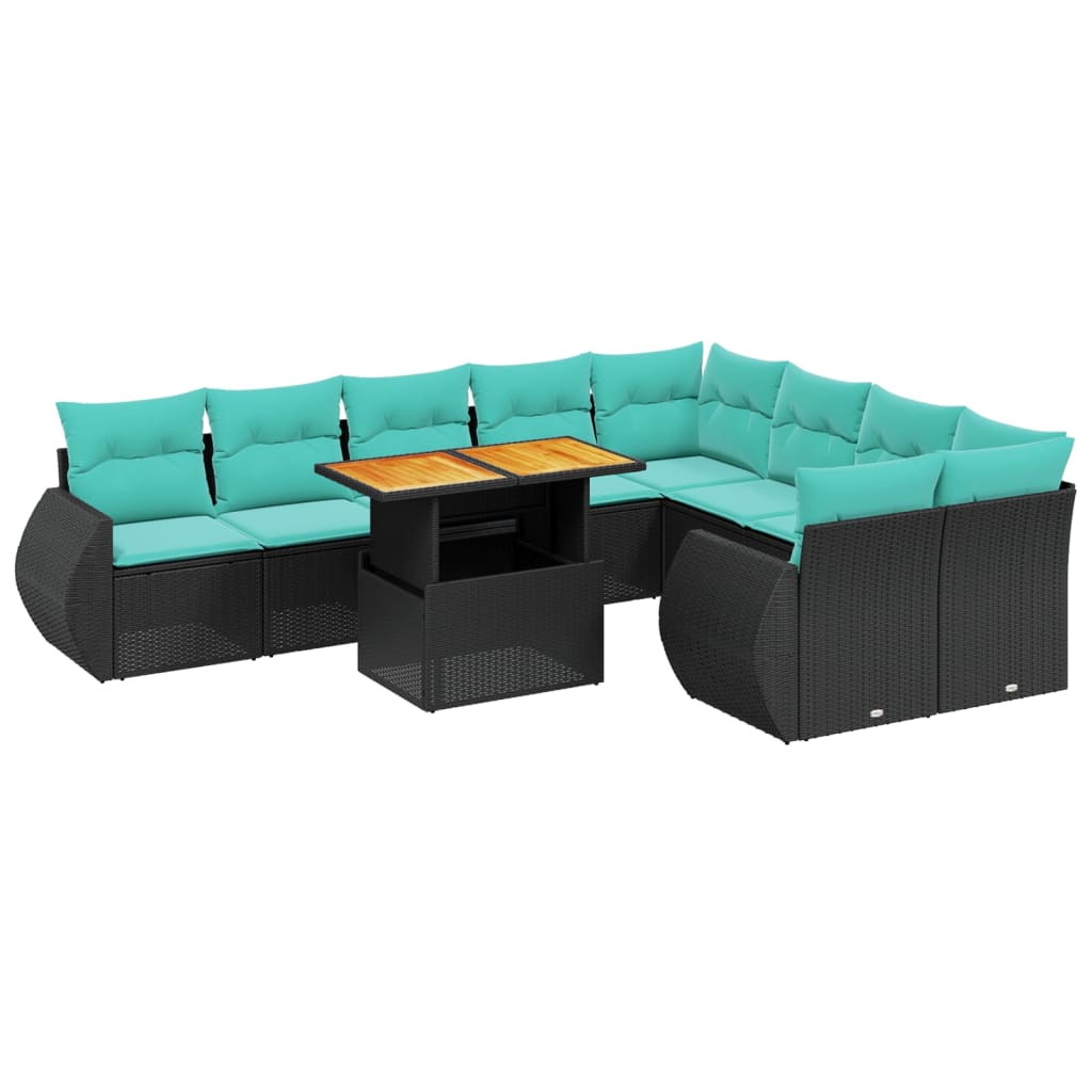 10 Piece Patio Sofa Set with Cushions Black Poly Rattan