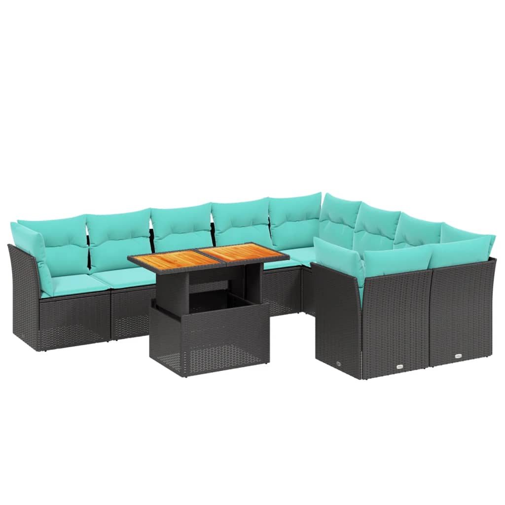10 Piece Patio Sofa Set with Cushions Black Poly Rattan