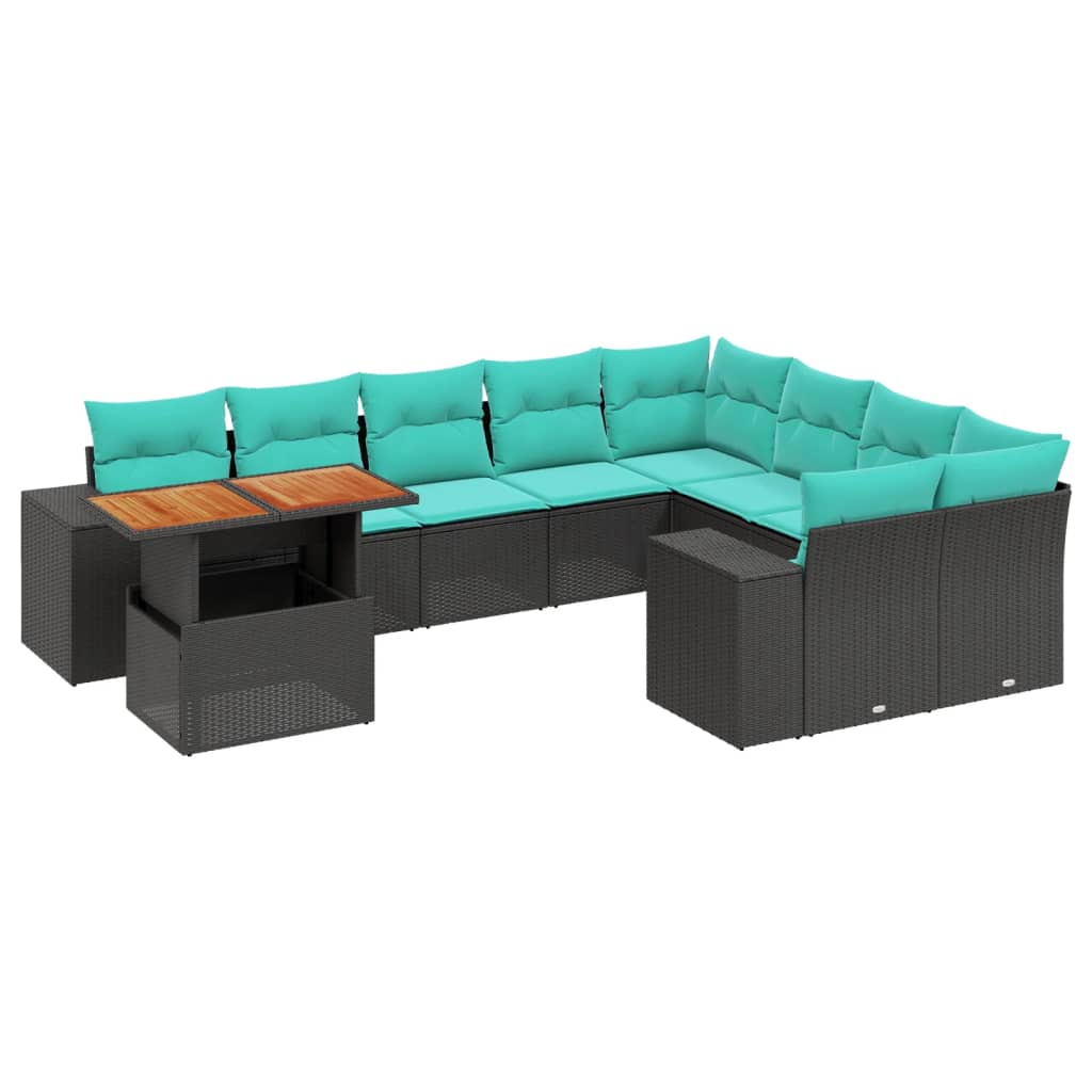 10 Piece Patio Sofa Set with Cushions Black Poly Rattan