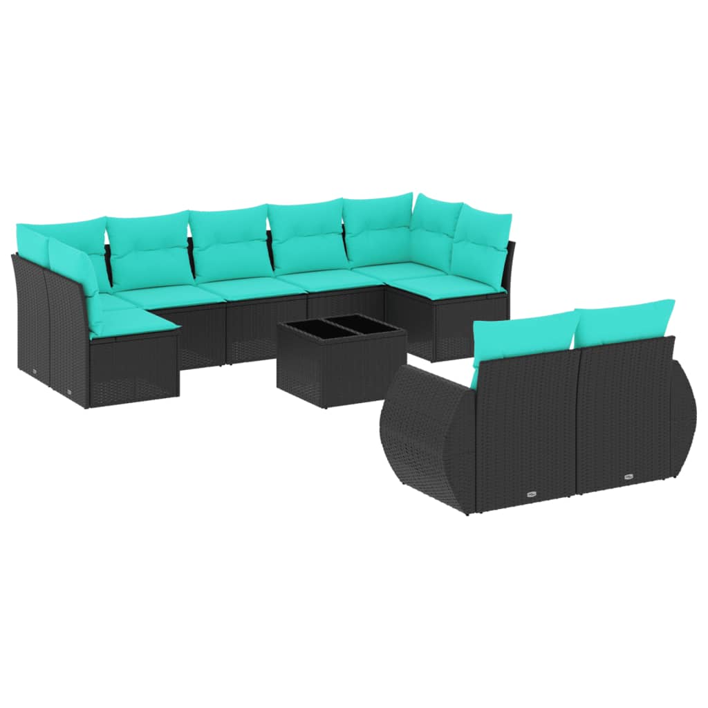 10 Piece Patio Sofa Set with Cushions Black Poly Rattan