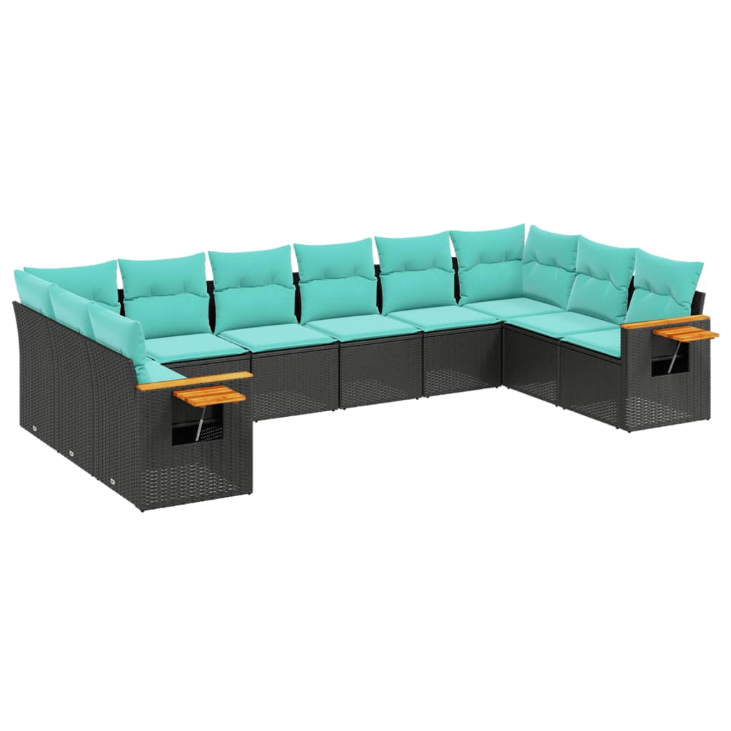 10 Piece Patio Sofa Set with Cushions Black Poly Rattan