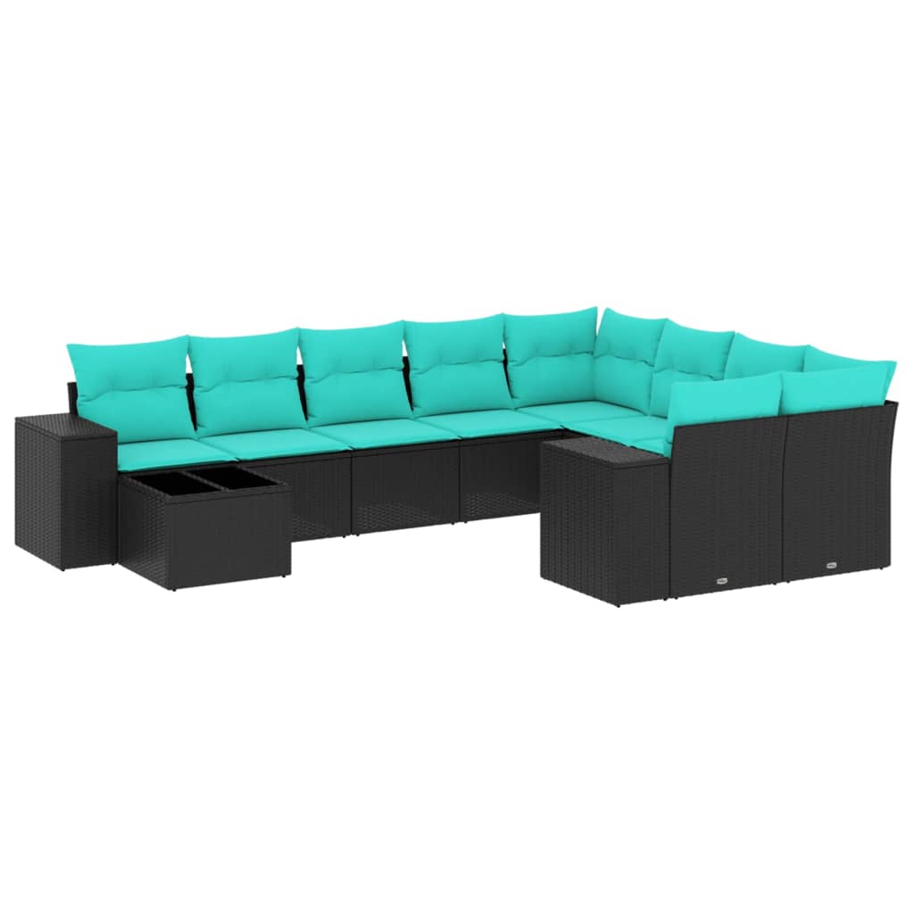 10 Piece Patio Sofa Set with Cushions Black Poly Rattan