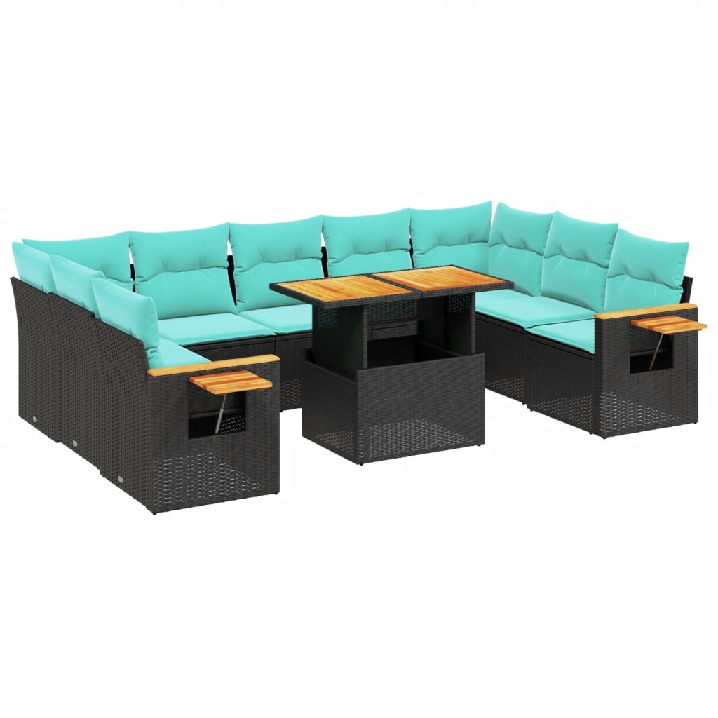10 Piece Patio Sofa Set with Cushions Black Poly Rattan