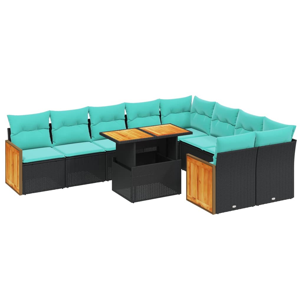 10 Piece Patio Sofa Set with Cushions Black Poly Rattan