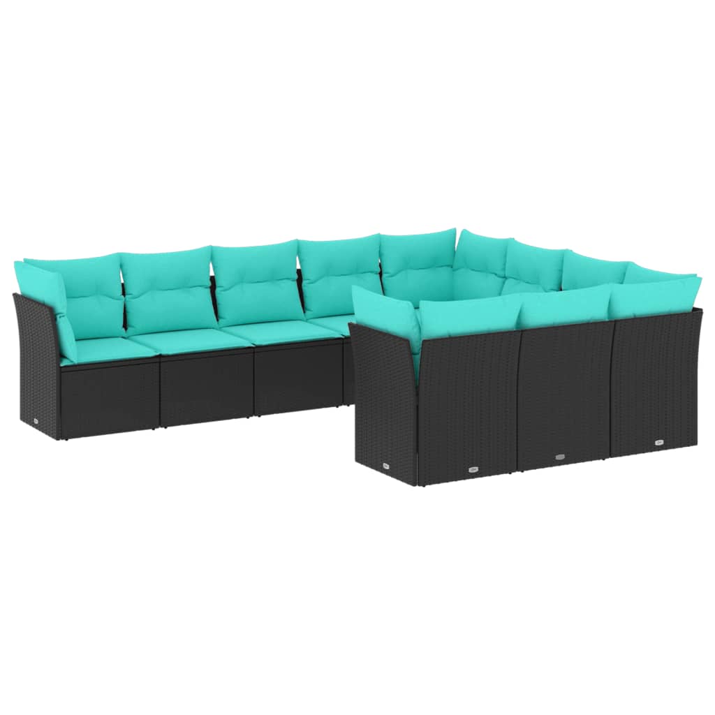 10 Piece Patio Sofa Set with Cushions Black Poly Rattan