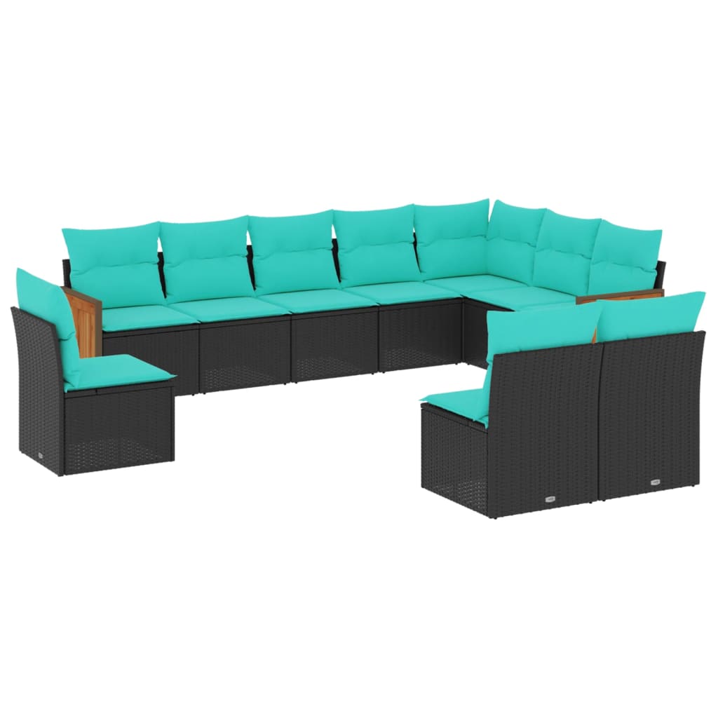 10 Piece Patio Sofa Set with Cushions Black Poly Rattan