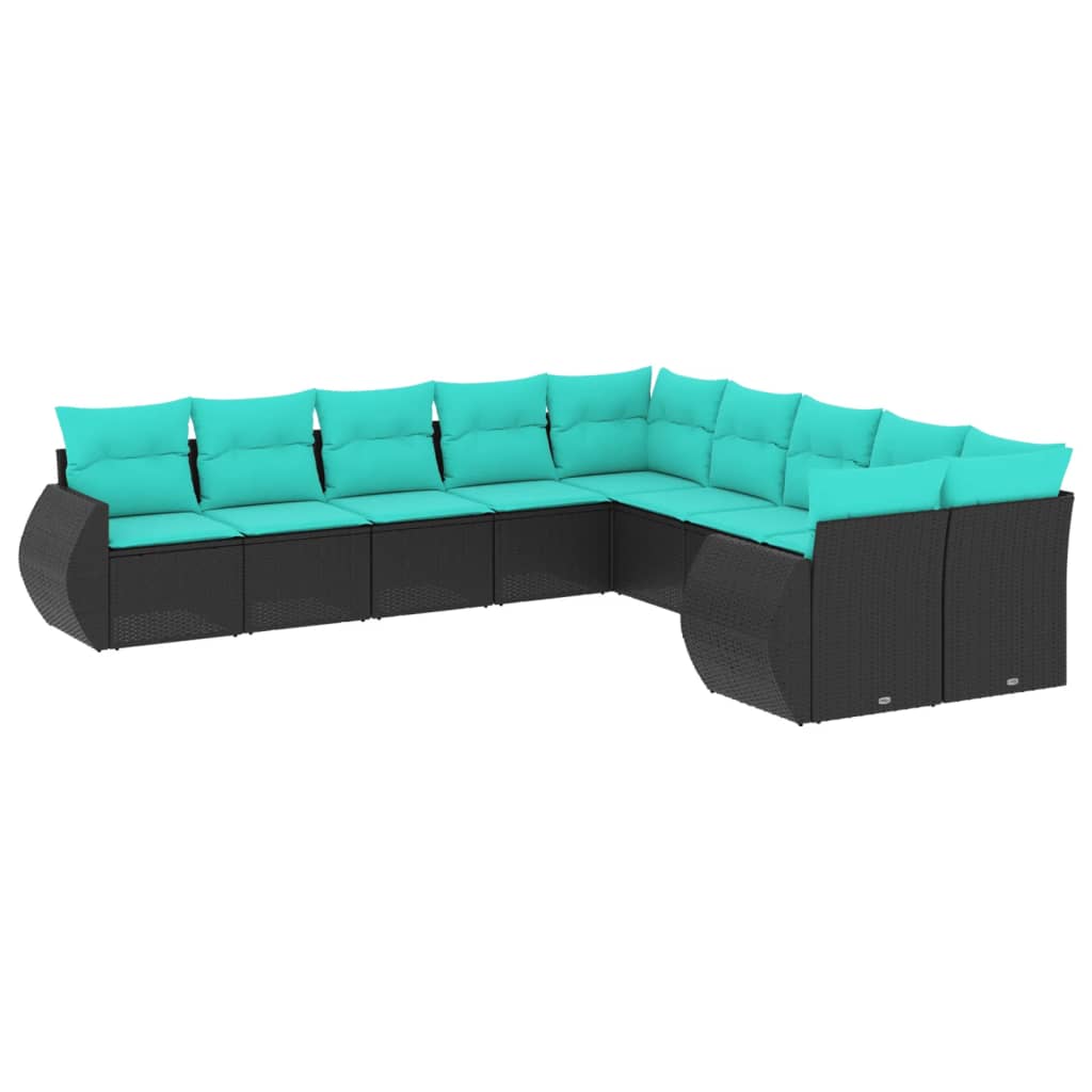 10 Piece Patio Sofa Set with Cushions Black Poly Rattan