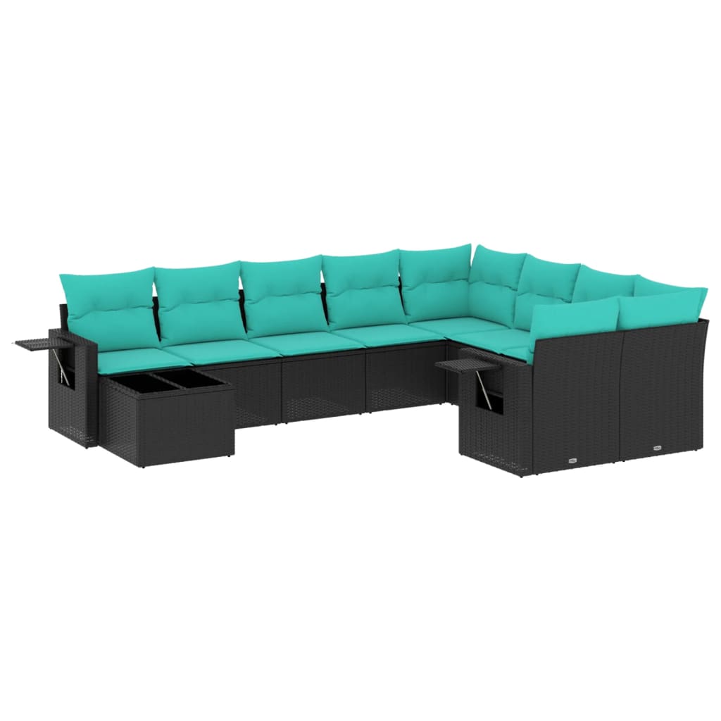 10 Piece Patio Sofa Set with Cushions Black Poly Rattan