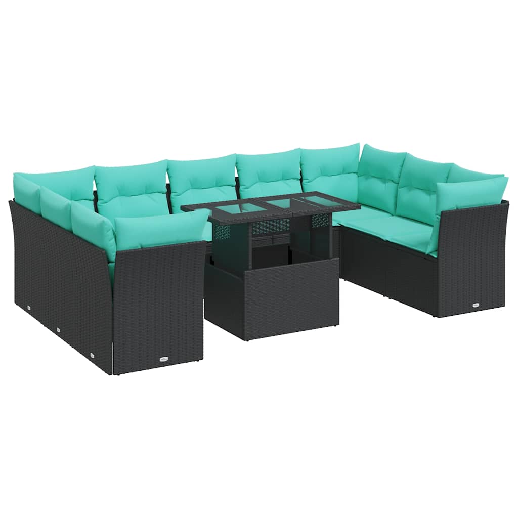 10 Piece Patio Sofa Set with Cushions Black Poly Rattan Acacia