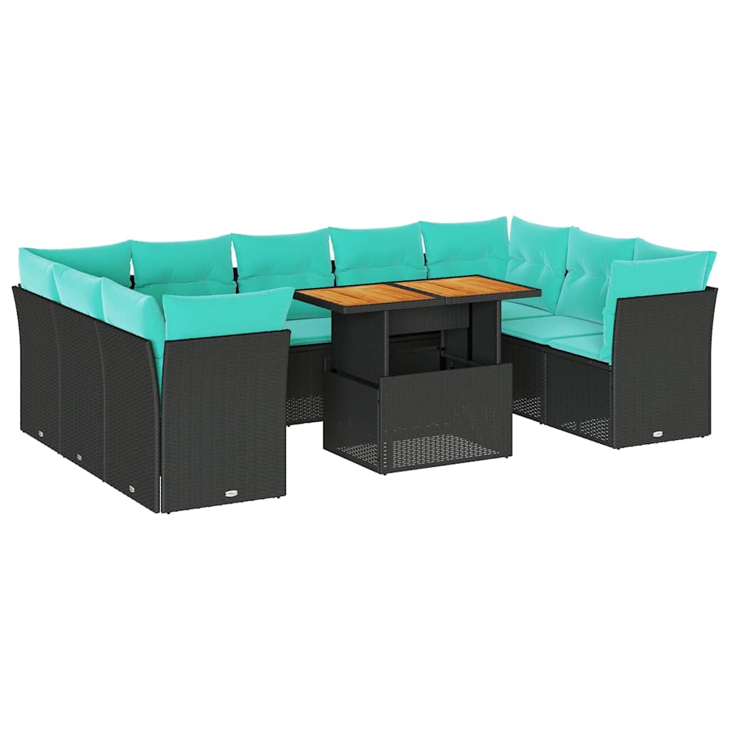 10 Piece Patio Sofa Set with Cushions Black Poly Rattan