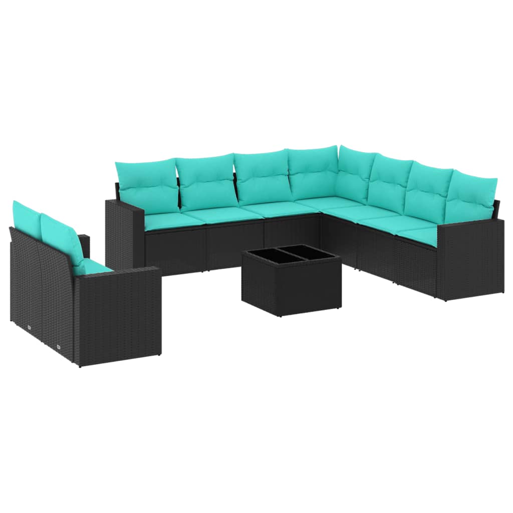 10 Piece Patio Sofa Set with Cushions Black Poly Rattan