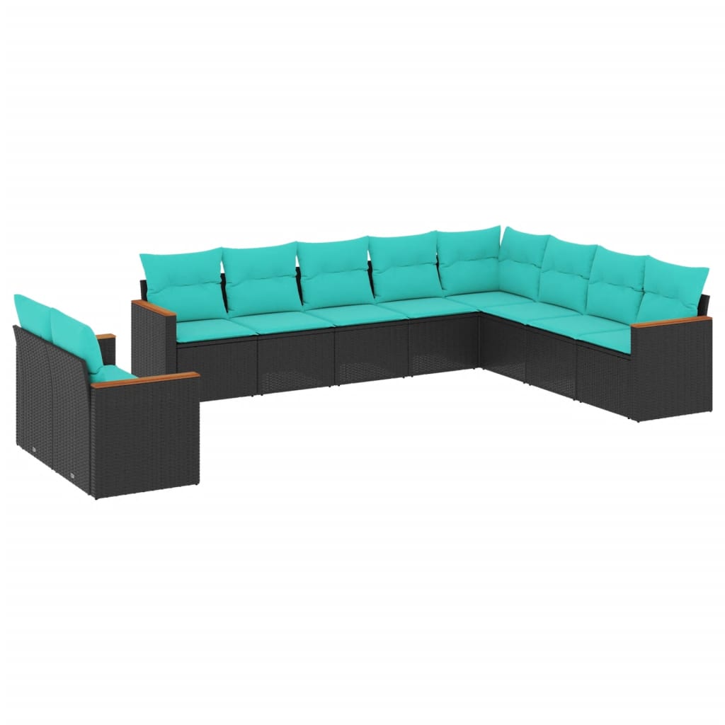 10 Piece Patio Sofa Set with Cushions Black Poly Rattan