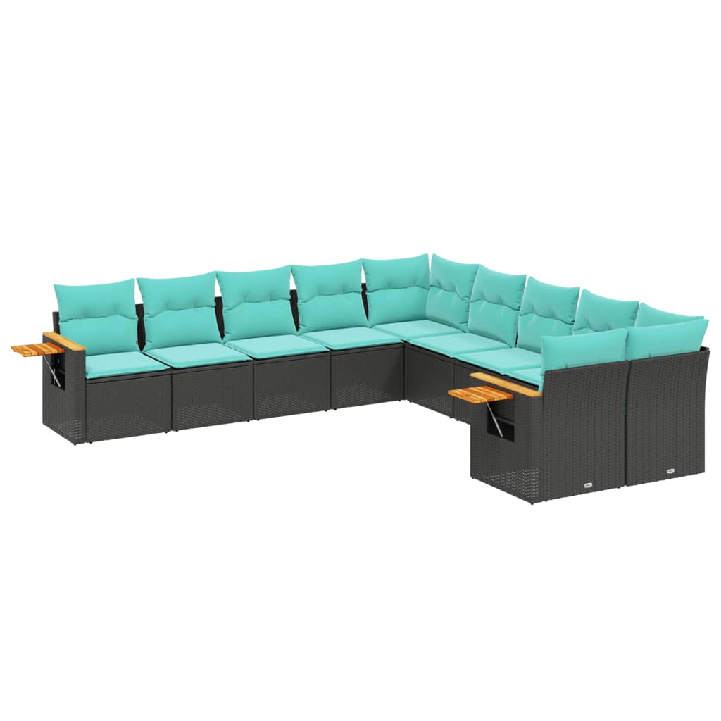 10 Piece Patio Sofa Set with Cushions Black Poly Rattan