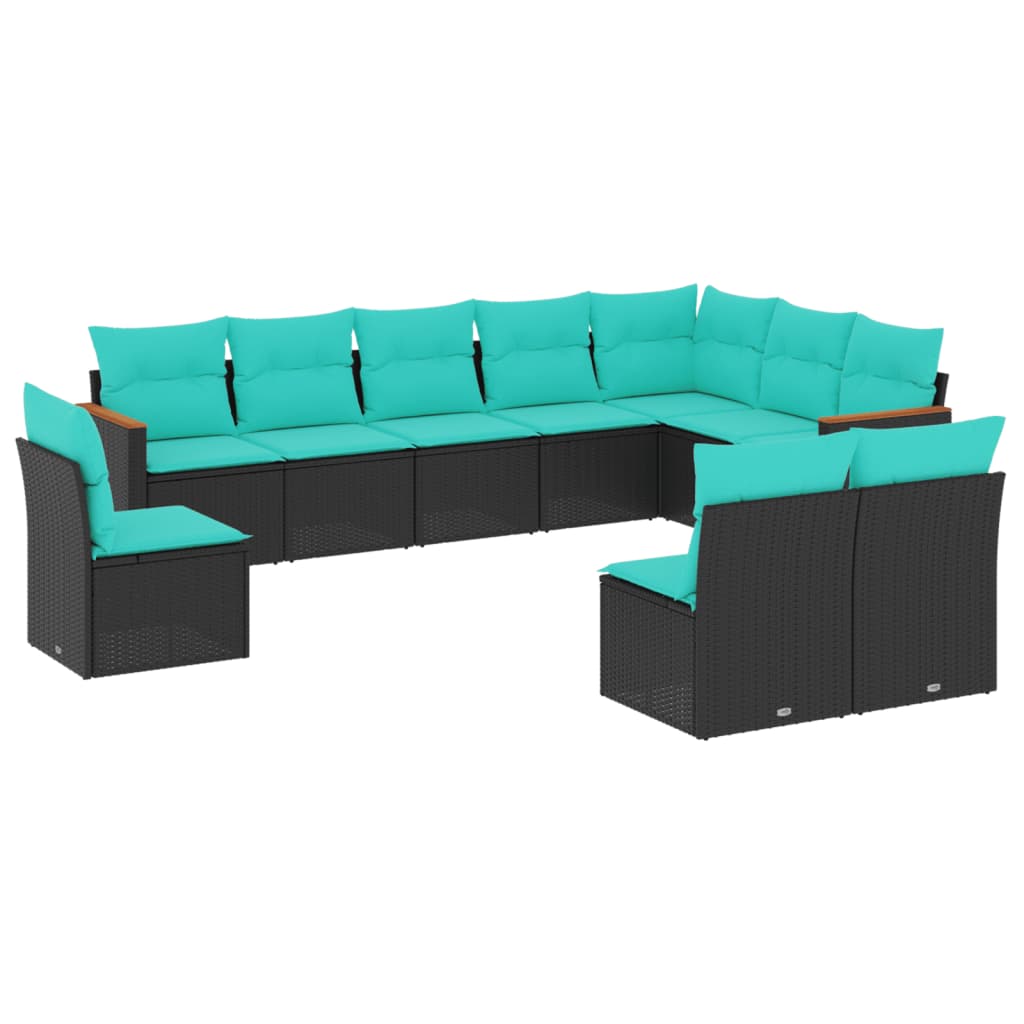 10 Piece Patio Sofa Set with Cushions Black Poly Rattan