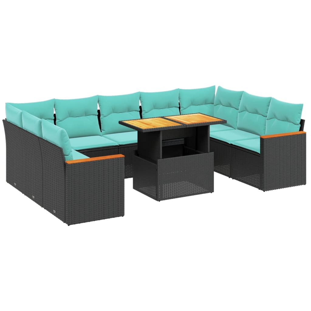 10 Piece Patio Sofa Set with Cushions Black Poly Rattan