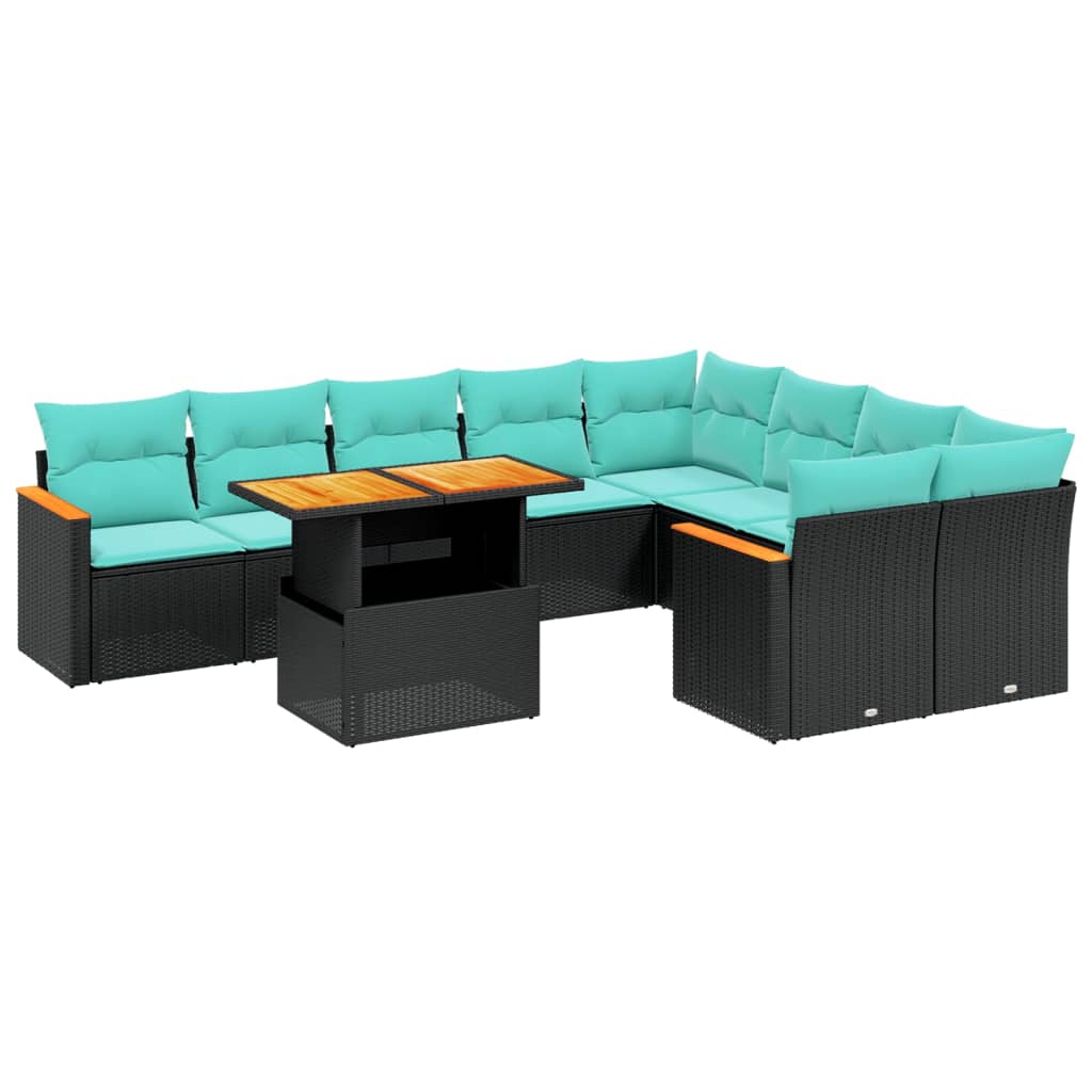 10 Piece Patio Sofa Set with Cushions Black Poly Rattan