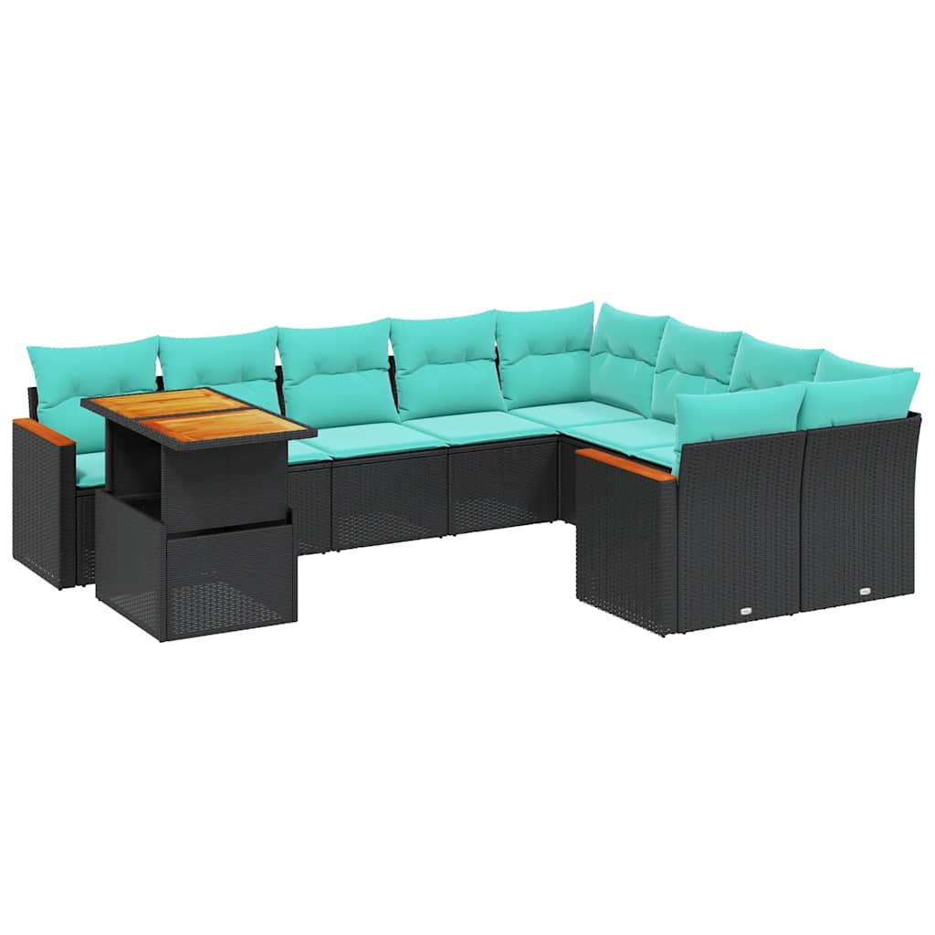 10 Piece Patio Sofa Set with Cushions Black Poly Rattan
